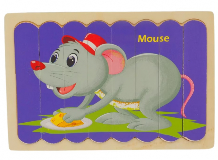 Puzzle educativ din lemn cu 2 fete, Soricel si Tigru, 22 x 14 cm, 8 piese, denumire lb. engleza [3]
