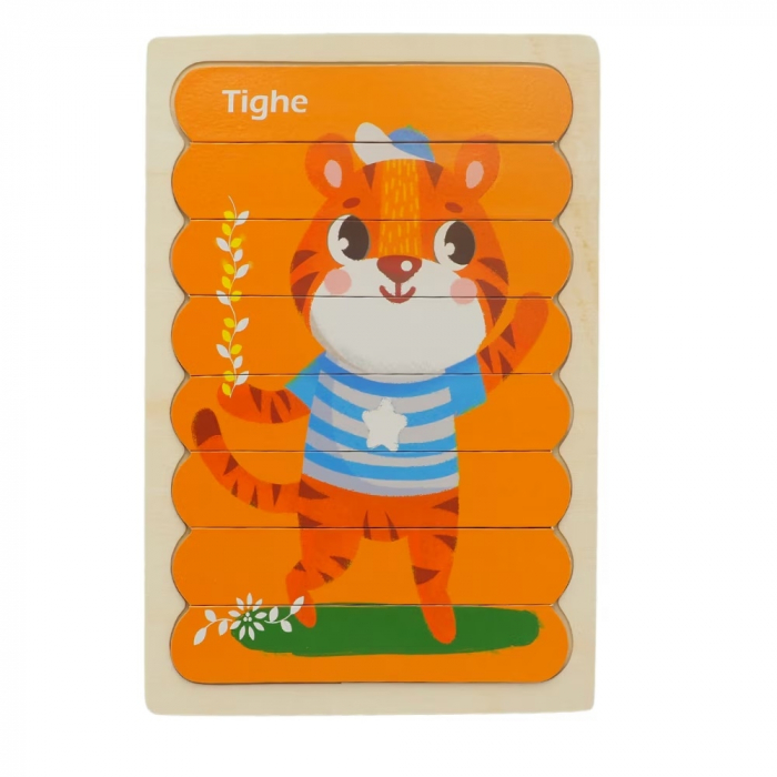 Puzzle educativ din lemn cu 2 fete, Soricel si Tigru, 22 x 14 cm, 8 piese, denumire lb. engleza [2]