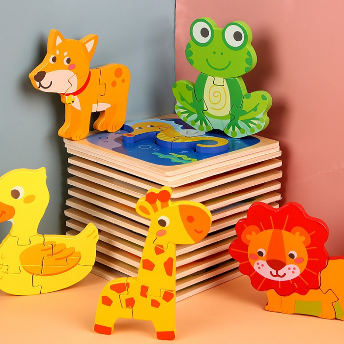 Puzzle Montessori din Lemn pentru Copii, Flippy, 3D, 0-3 Ani, Model Catel, Educativ, Intuitiv, Creativ, 3 Piese, 15x15x0.5 cm, Multicolor [6]