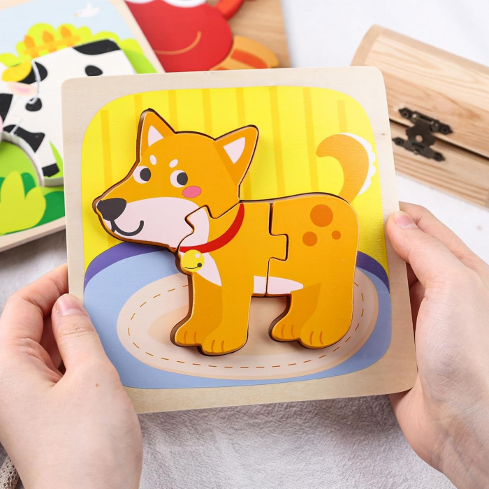 Puzzle Montessori din Lemn pentru Copii, Flippy, 3D, 0-3 Ani, Model Catel, Educativ, Intuitiv, Creativ, 3 Piese, 15x15x0.5 cm, Multicolor [3]