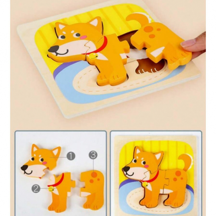 Puzzle Montessori din Lemn pentru Copii, Flippy, 3D, 0-3 Ani, Model Catel, Educativ, Intuitiv, Creativ, 3 Piese, 15x15x0.5 cm, Multicolor [9]