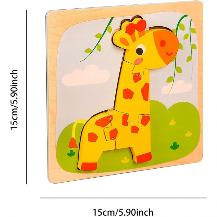 Puzzle Montessori din Lemn pentru Copii, Flippy, 3D, 0-3 Ani, Model Girafa, Educativ, Intuitiv, Creativ, 4 Piese, 15x15x0.5 cm, Multicolor [10]