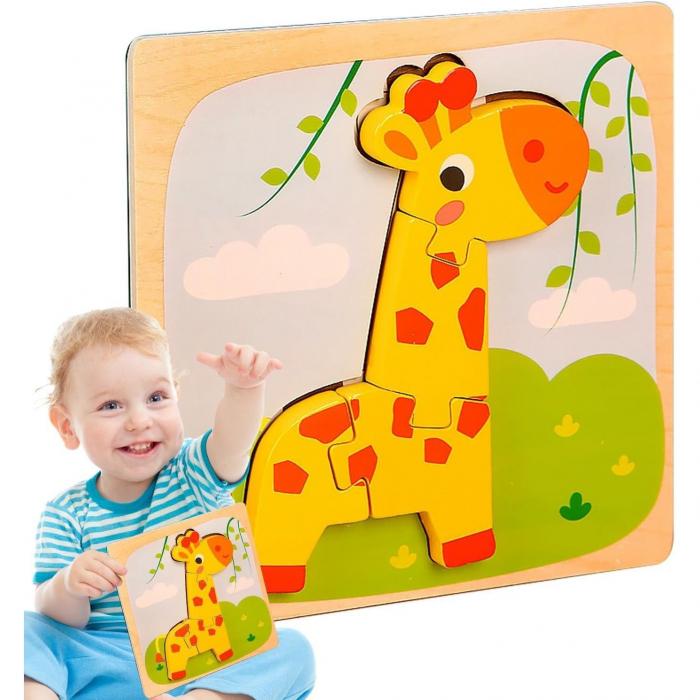 Puzzle Montessori din Lemn pentru Copii, Flippy, 3D, 0-3 Ani, Model Girafa, Educativ, Intuitiv, Creativ, 4 Piese, 15x15x0.5 cm, Multicolor [9]