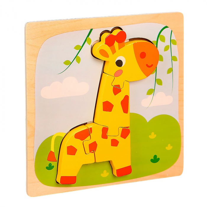 Puzzle Montessori din Lemn pentru Copii, Flippy, 3D, 0-3 Ani, Model Girafa, Educativ, Intuitiv, Creativ, 4 Piese, 15x15x0.5 cm, Multicolor [1]