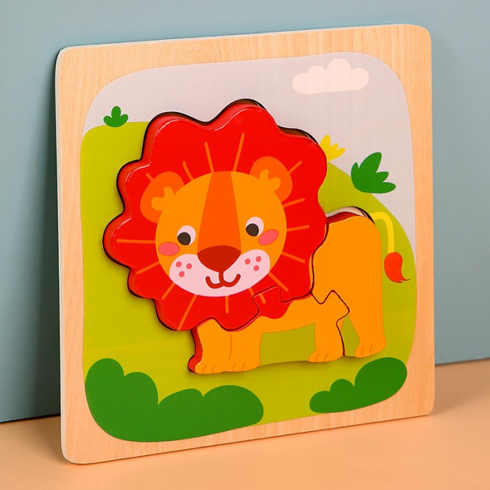 Puzzle Montessori din Lemn pentru Copii, Flippy, 3D, 0-3 Ani, Model Leu, Educativ, Intuitiv, Creativ, 3 Piese, 15x15x0.5 cm, Multicolor [3]