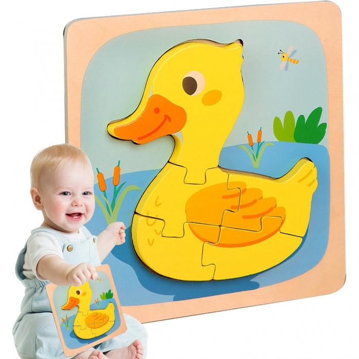 Lichidare Puzzle Montessori din Lemn pentru Copii, Flippy, 3D, 0-3 Ani, Model Ratusca, Educativ, Intuitiv, Creativ, 5 Piese, 15x15x0.5 cm, Multicolor [4]