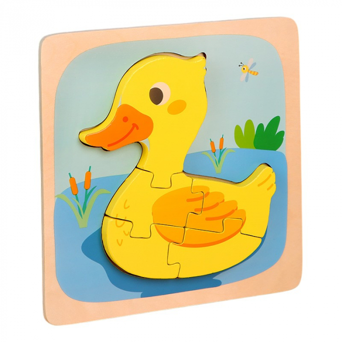 Puzzle Montessori din Lemn pentru Copii, Flippy, 3D, 0-3 Ani, Model Ratusca, Educativ, Intuitiv, Creativ, 5 Piese, 15x15x0.5 cm, Multicolor [1]