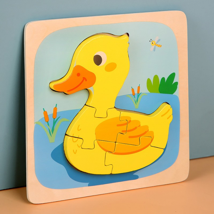 Puzzle Montessori din Lemn pentru Copii, Flippy, 3D, 0-3 Ani, Model Ratusca, Educativ, Intuitiv, Creativ, 5 Piese, 15x15x0.5 cm, Multicolor [10]