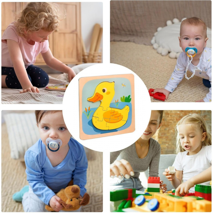 Puzzle Montessori din Lemn pentru Copii, Flippy, 3D, 0-3 Ani, Model Ratusca, Educativ, Intuitiv, Creativ, 5 Piese, 15x15x0.5 cm, Multicolor [7]