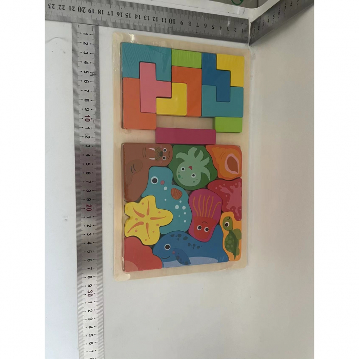 Puzzle Montessori din Lemn pentru Copii, Flippy, Tip Tetris 2in1 +3 Ani, cu Animale Marine Colorate 3D, Educativ, Intuitiv, Creativ, 21 de Piese, 28.5x17x1.2 cm, Multicolor [2]
