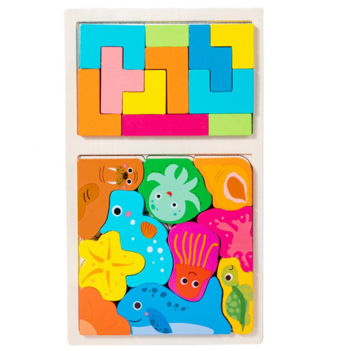 Puzzle Montessori din Lemn pentru Copii, Flippy, Tip Tetris 2in1 +3 Ani, cu Animale Marine Colorate 3D, Educativ, Intuitiv, Creativ, 21 de Piese, 28.5x17x1.2 cm, Multicolor [1]