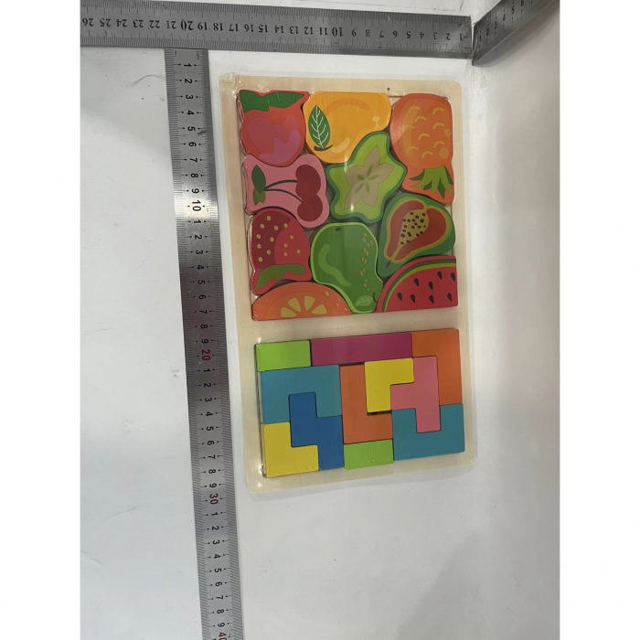 Puzzle Montessori din Lemn pentru Copii, Flippy, Tip Tetris 2in1 +3 Ani, cu Fructe Colorate 3D, Educativ, Intuitiv, Creativ, 21 de Piese, 28.5x17x1.2 cm, Multicolor [2]