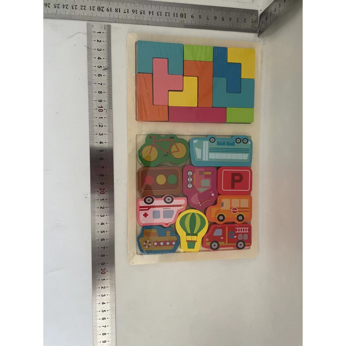 Puzzle Montessori din Lemn pentru Copii, Flippy, Tip Tetris 2in1, +3 Ani, cu Masini Colorate 3D, Educativ, Intuitiv, Creativ, 21 de Piese, 28.5x17x1.2 cm, Multicolor [2]