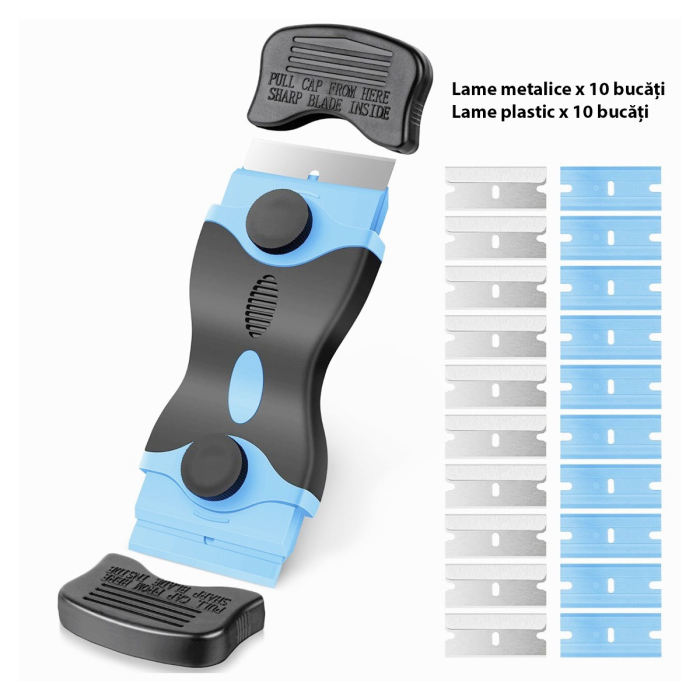 Racleta Multifunctionala pentru Curatare Sticla si Ceramica, Flippy, Design Ergonomic, Maner Anti-alunecare, Include 20 de Lame de Schimb, 12,5 x 4,5 cm, Albastru [2]