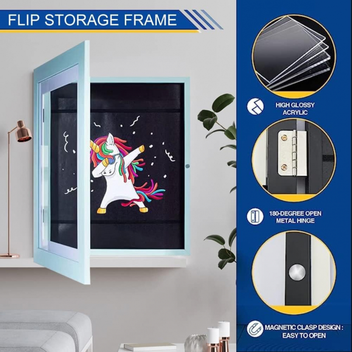 Rama Foto Flippy, cu Magnet, din Lemn, cu Spatiu Pentru Depozitare, Pentru Desene si Picturi A4, Sticla Securizata, Rama MDF, 21x30 cm, Albastru [10]