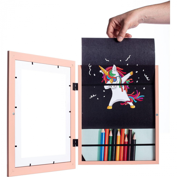 Rama Foto Flippy, cu Magnet, din Lemn, cu Spatiu Pentru Depozitare, Pentru Desene si Picturi A4, Sticla Securizata, Rama MDF, 21x30 cm, Roz [6]