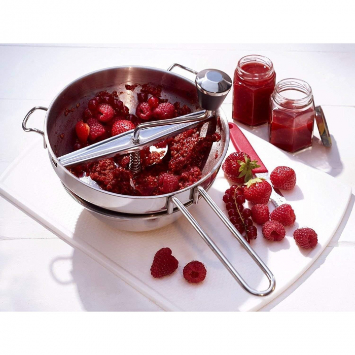 Rasnita Manuala pentru Fructe, Flippy, din Otel Inoxidabil, Macinare Alimentelor pentru Bebelusi, 3 Discuri de Macinat, Presa, pentru Tocat Cartofi, 19x20x33 cm, Argintiu [2]