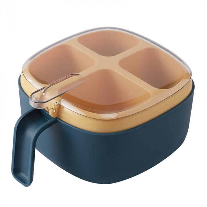 Recipient pentru condimente Flippy, 4 casute, potrivit pentru sare, cimbru, piper, condimente, 4 lingurite din plastic, capac din plastic, maner, 14x14x8 cm, albastru [1]