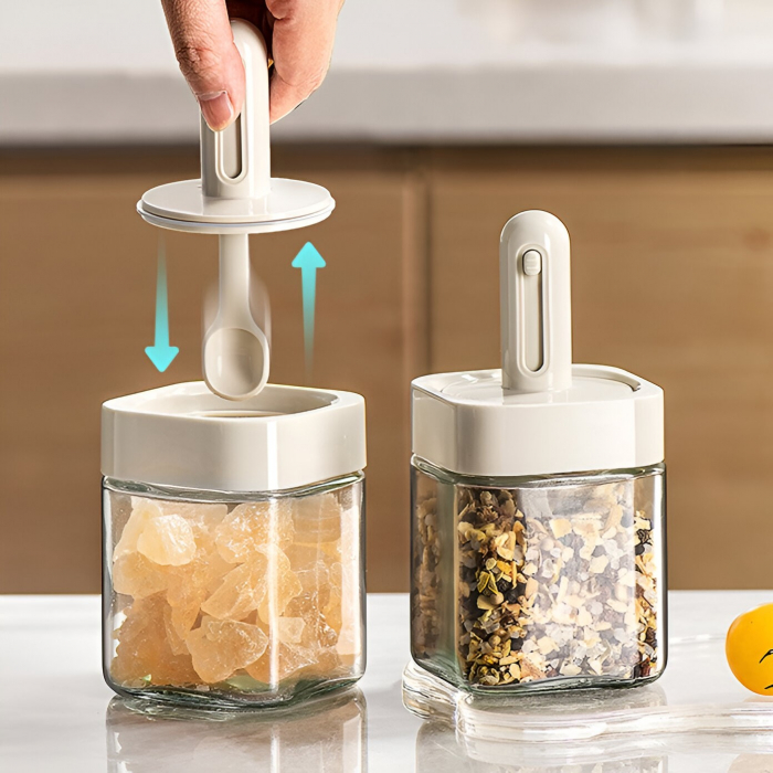 Recipient pentru Depozitarea Condimentelor, Flippy, Borcan din Sticla, Capac si Lingura Incorporate, Uz Casnic, 300 ml, 7.1x7.1x14.8 cm, Gri [10]