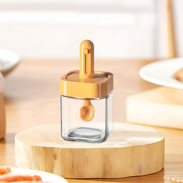 Recipient pentru Depozitarea Condimentelor, Flippy, Borcan din Sticla, Capac si Lingura Incorporate, Uz Casnic, 300 ml, 7.1x7.1x14.8 cm, Portocaliu [7]