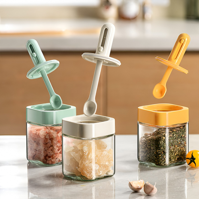 Recipient pentru Depozitarea Condimentelor, Flippy, Borcan din Sticla, Capac si Lingura Incorporate, Uz Casnic, 300 ml, 7.1x7.1x14.8 cm, Verde [2]