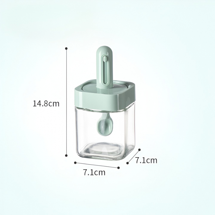 Recipient pentru Depozitarea Condimentelor, Flippy, Borcan din Sticla, Capac si Lingura Incorporate, Uz Casnic, 300 ml, 7.1x7.1x14.8 cm, Verde [6]