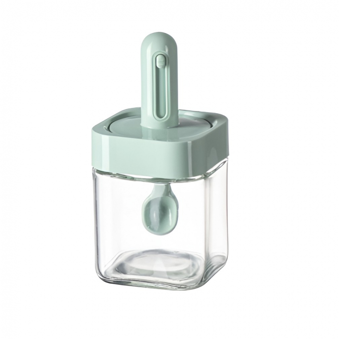 Recipient pentru Depozitarea Condimentelor, Flippy, Borcan din Sticla, Capac si Lingura Incorporate, Uz Casnic, 300 ml, 7.1x7.1x14.8 cm, Verde [1]