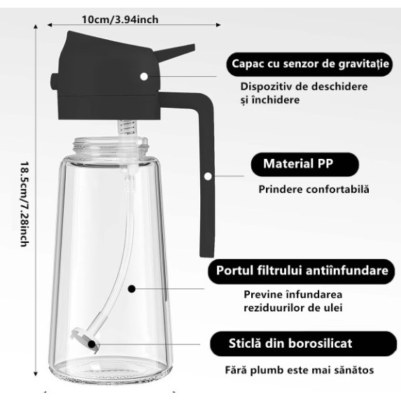 Recipient Ulei, Flippy, 2in1, Functie Spray/Turnare, din Sticla, 470 ml, Fara Scurgere, Negru [3]
