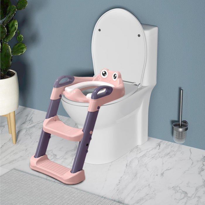 Reductor si Scaunel Inaltator WC, Flippy, pentru Copii 1 - 7 Ani, 2 Trepte Reglabile, Pliabil, Colac Moale, cu Spatar si Manere, Inaltime 54/58 cm x 39.5 x 35 cm, din Plastic+PVC, Roz/Mov [2]