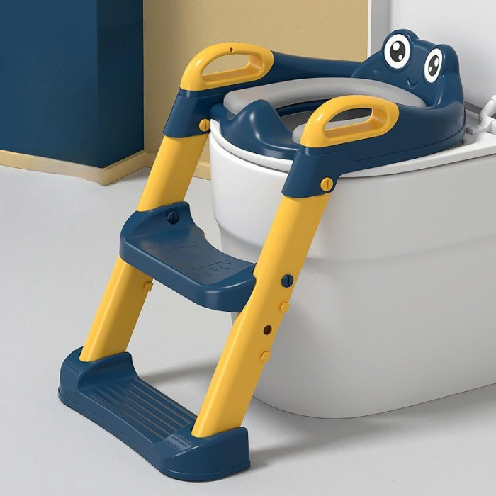 Reductor si Scaunel Inaltator WC, Flippy, pentru Copii 1 - 7 Ani, 2 Trepte Reglabile, Pliabil, Colac Moale, cu Spatar si Manere, Inaltime 54/58 cm x 39.5 x 35 cm, din Plastic+PVC, Albastru/Portocaliu [6]