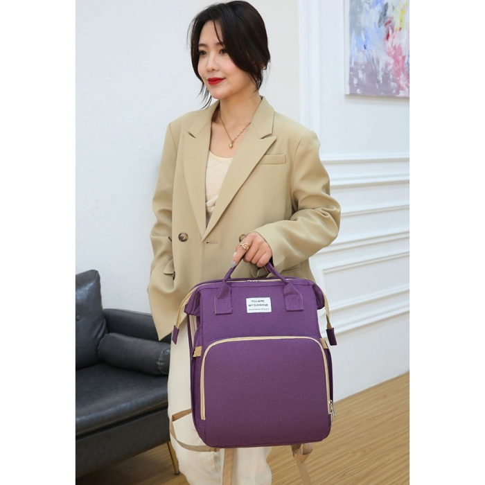 Rucsac Multifunctional pentru Mamici, Flippy, cu Patut Pliabil si Baza de Schimbat, Rezistent la Apa, Capacitate Mare, Usor, Compartimente Multiple, Buzunar Termic pentru Lapte, 42 x 32 x 22 cm, Mov [7]