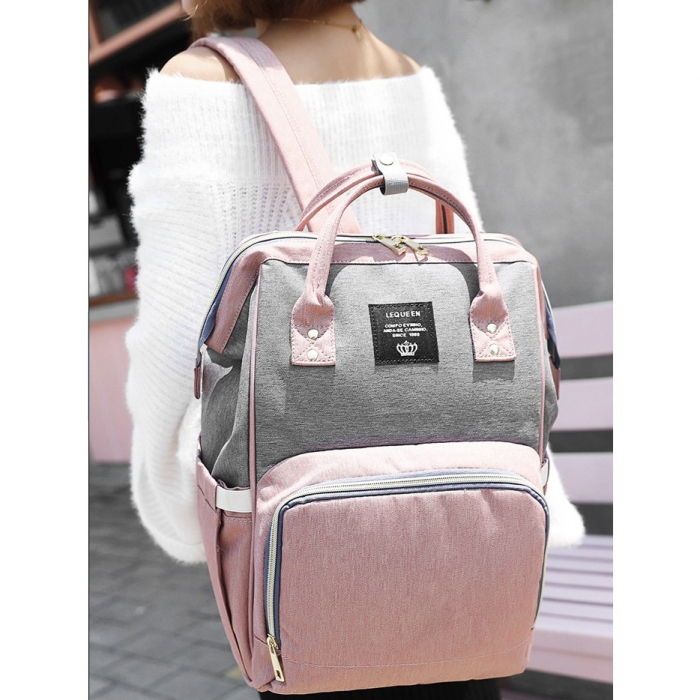 Rucsac Multifunctional pentru Mamici, Flippy, din Panza Oxford, Compartimentare Multipla, Impermeabil, 43 x 18 x 26 cm, Roz/Gri [9]