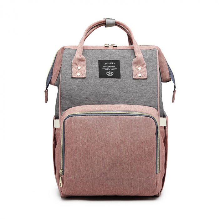 Rucsac Multifunctional pentru Mamici, Flippy, din Panza Oxford, Compartimentare Multipla, Impermeabil, 43 x 18 x 26 cm, Roz/Gri [1]