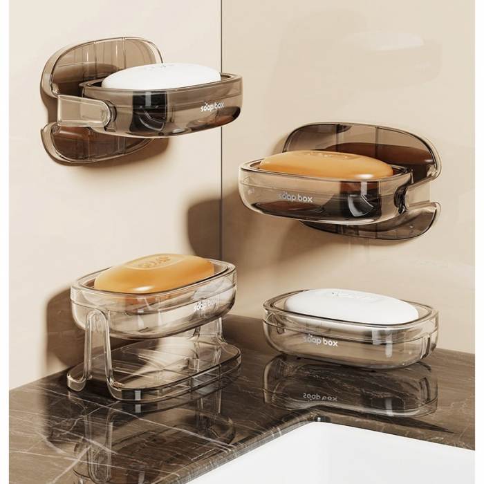 Savoniera cu Suport 2 in 1, Flippy, Pentru Perete sau Blat, PET, Scurgere Optima, Argintiu Transparent [6]