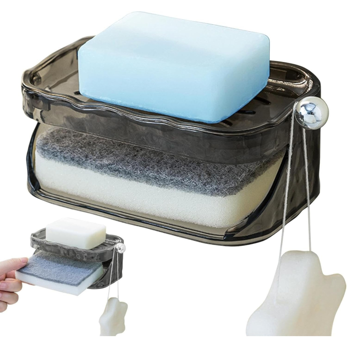 Savoniera Dubla, Flippy, 2 Straturi, Instalare fara Perforare, Agatatoare Burete, 13.5 x 8.5 x 6 cm, Gri [5]