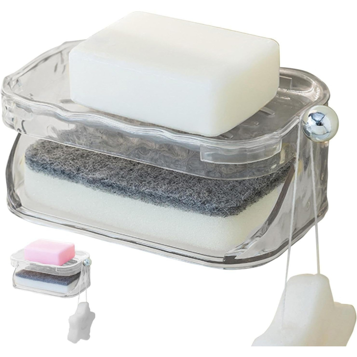 Savoniera Dubla, Flippy, 2 Straturi, Instalare fara Perforare, Agatatoare Burete, 13.5 x 8.5 x 6 cm, Transparent [2]