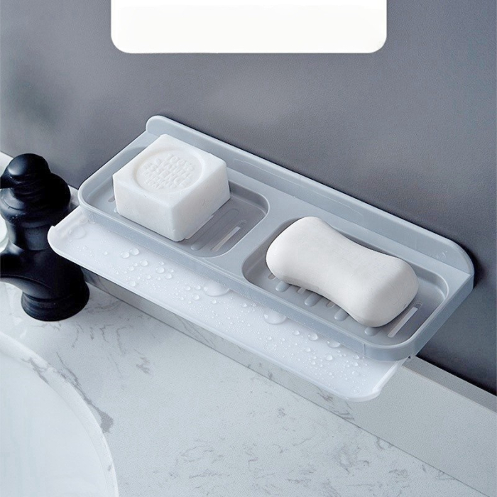 Savoniera Dubla, Flippy, de Perete, cu Compartiment de Scurgere, Montare prin Lipire, 26 x 8 x 4 cm, Gri/Alb [3]