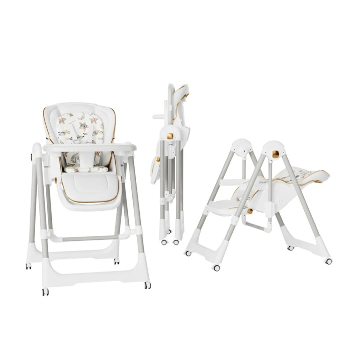 Scaun de Masa 2in1, Flippy, pentru Copii 6 luni - 4 Ani, Pliabil, cu Roti, Balansoar, Leagan, Reglabil, Tava de Masa Dubla, Centura in 5 Puncte, 96 x 56 x 76 cm, Alb [5]