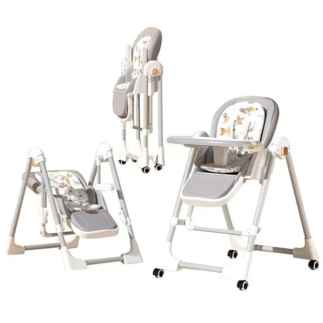 Scaun de Masa 2in1, Flippy, pentru Copii 6 luni - 4 Ani, Pliabil, cu Roti, Balansoar, Leagan, Reglabil, Tava de Masa Dubla, Centura in 5 Puncte, 96 x 56 x 76 cm, Gri [5]