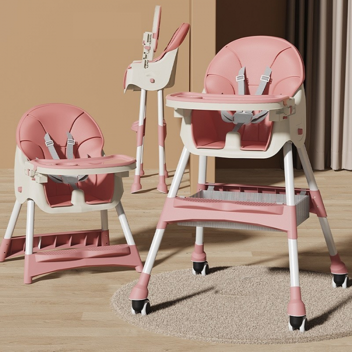 Scaun de Masa pentru Bebelusi si Copii, Flippy, cu Roti, Telescopic, Pliabil, Masuta Reglabila, Suport Picioare, Scaun cu Invelis Piele Artificiala, Centura Siguranta, Spatiu Depozitare, 97x73x65 cm,  [5]