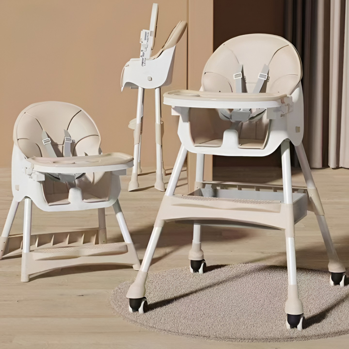 Scaun de Masa pentru Bebelusi si Copii, Flippy, cu Roti, Telescopic, Pliabil, Masuta Reglabila, Suport Picioare, Scaun cu Invelis Piele Artificiala, Centura Siguranta, Spatiu Depozitare, 97x73x65 cm,  [2]
