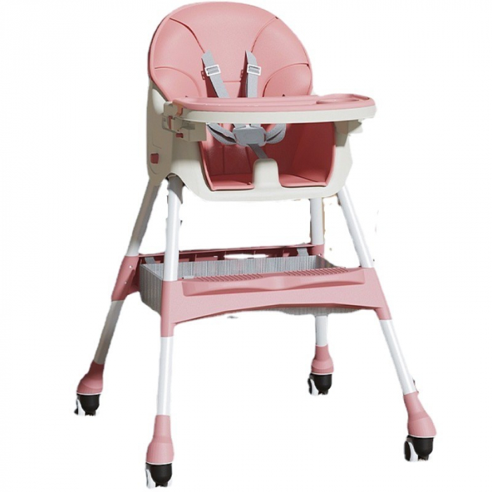Scaun de Masa pentru Bebelusi si Copii, Flippy, cu Roti, Telescopic, Pliabil, Masuta Reglabila, Suport Picioare, Scaun cu Invelis Piele Artificiala, Centura Siguranta, Spatiu Depozitare, 97x73x65 cm,  [1]