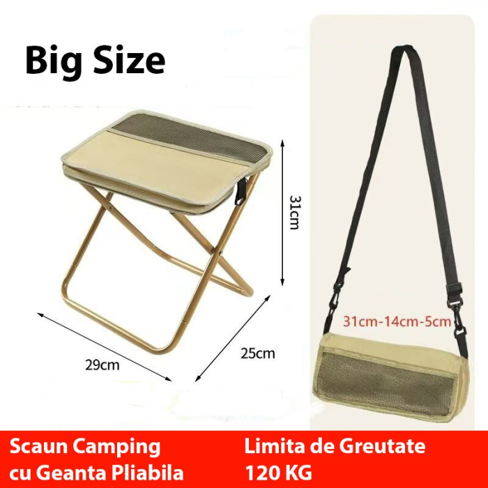 Scaun Taburet Pliabil pentru Camping, Flippy, pentru Adulti, Scaun Portabil, Pescuit, din Panza Oxford si Cadru Metalic, Mare 31 x 29 x 25 cm, Bej [2]