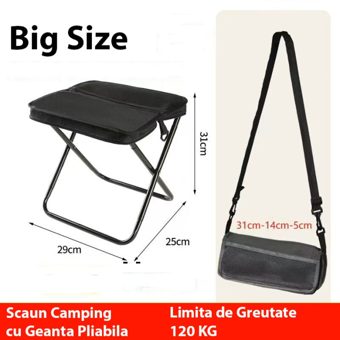 Scaun Taburet Pliabil pentru Camping, Flippy, pentru Adulti, Scaun Portabil, Pescuit, din Panza Oxford si Cadru Metalic, Mare 31 x 29 x 25 cm, Negru [2]