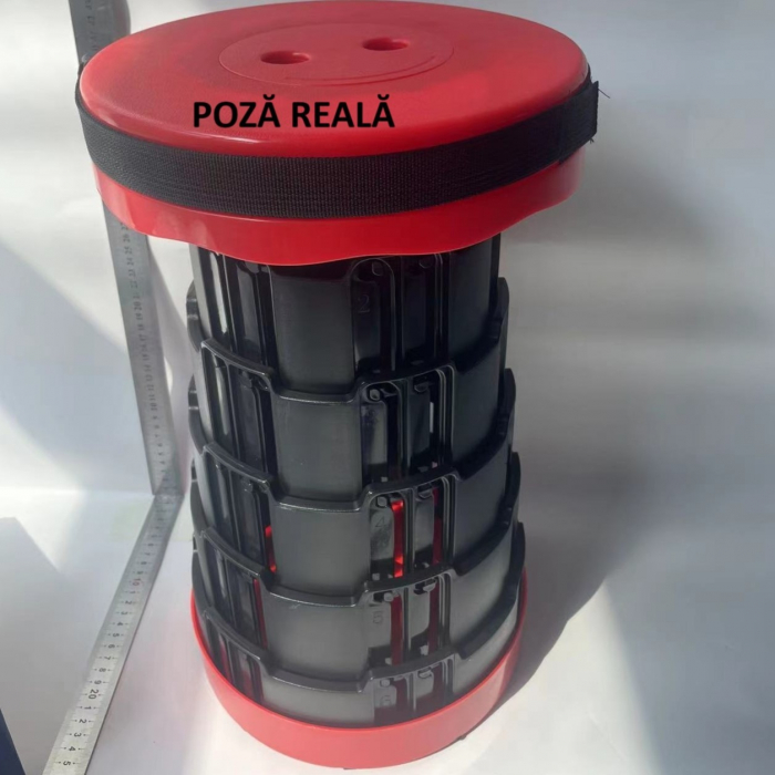 Scaun Telescopic Pliabil pentru Camping si Pescuit, Flippy, Portabil, Universal, Sustine 150 kg, ABS, Diametru 25 cm, Extensibil, Inaltime 45 cm, Rosu-Negru [8]