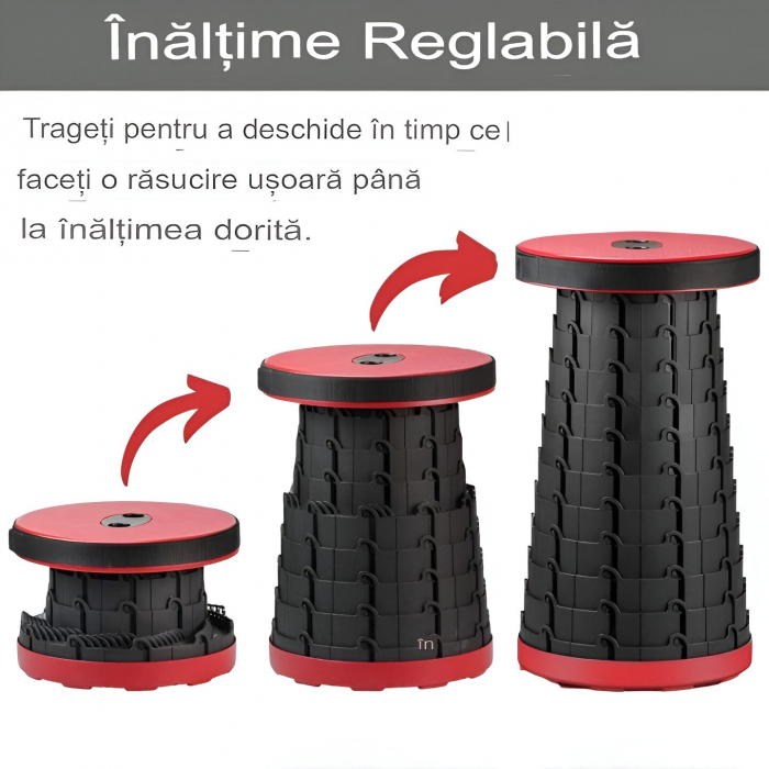 Scaun Telescopic Pliabil pentru Camping si Pescuit, Flippy, Portabil, Universal, Sustine 150 kg, ABS, Diametru 25 cm, Extensibil, Inaltime 45 cm, Rosu-Negru [4]