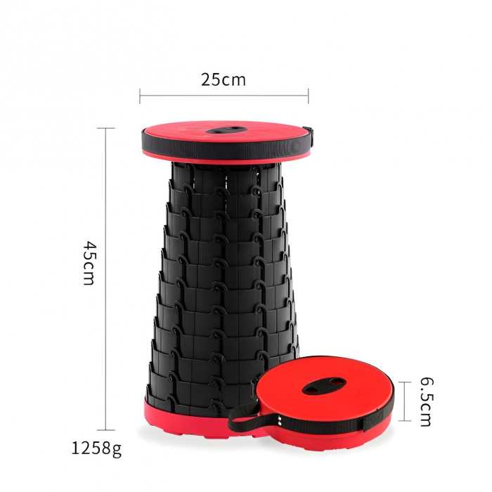 Scaun Telescopic Pliabil pentru Camping si Pescuit, Flippy, Portabil, Universal, Sustine 150 kg, ABS, Diametru 25 cm, Extensibil, Inaltime 45 cm, Rosu-Negru [5]
