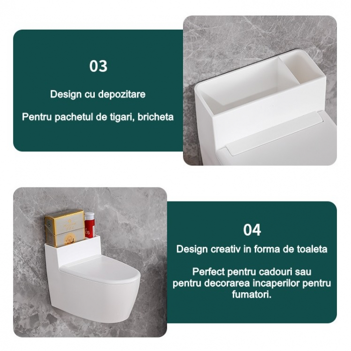 Scrumiera creativa Flippy, Forma de Toaleta, Capac Alb , Material ABS si Otel Inoxidabil, 12.5 x 10 x 8 cm, Fixare prin Lipire sau De Sine Statator, pentru Baie, Camera, Bucatarie, Balcon, Alb, model  [10]