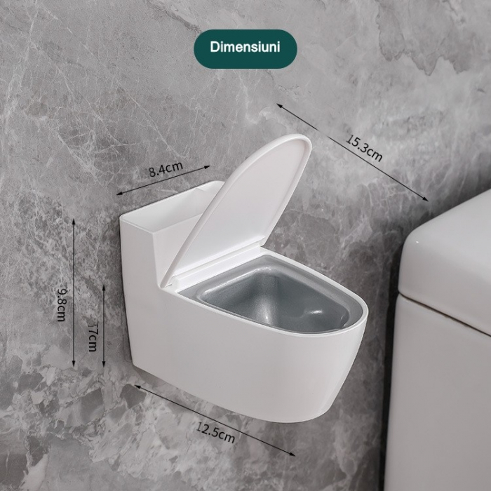 Scrumiera creativa Flippy, Forma de Toaleta, Capac Alb , Material ABS si Otel Inoxidabil, 12.5 x 9.8 x 8.4 cm, Fixare prin Lipire sau De Sine Statator, pentru Baie, Camera, Bucatarie, Balcon, Alb [3]