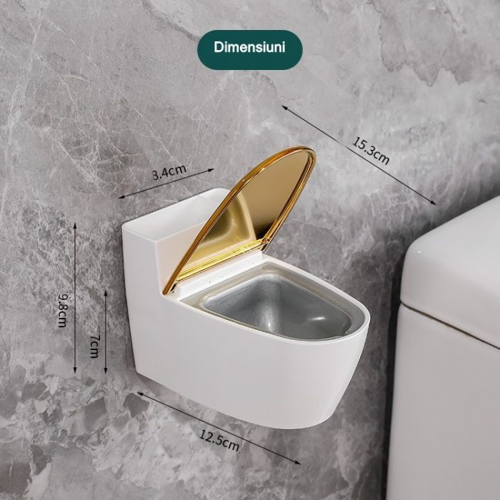 Scrumiera creativa Flippy, Forma de Toaleta, Capac Auriu, Material ABS si Otel Inoxidabil, 12.5 x 9.8 x 8.4 cm, Fixare prin Lipire sau De Sine Statator, pentru Baie, Camera, Bucatarie, Balcon, Auriu [3]
